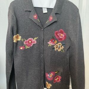Floral Embroidered Gray Cardigan Sweater